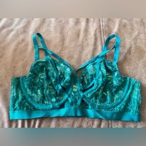 Torrid Underwire Bralette — Teal and Gold with floral lace- cut out strappy mesh
